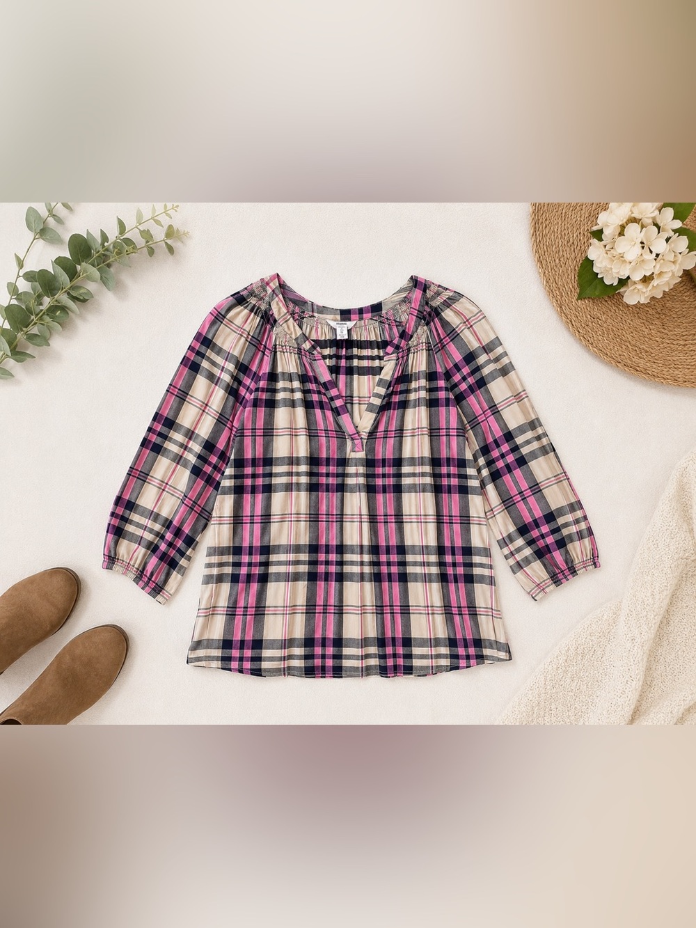 💗💙Crown & Ivy Pink Plaid Peasant Blouse Size Large 3/4 Sleeve Rayon Top💗💙